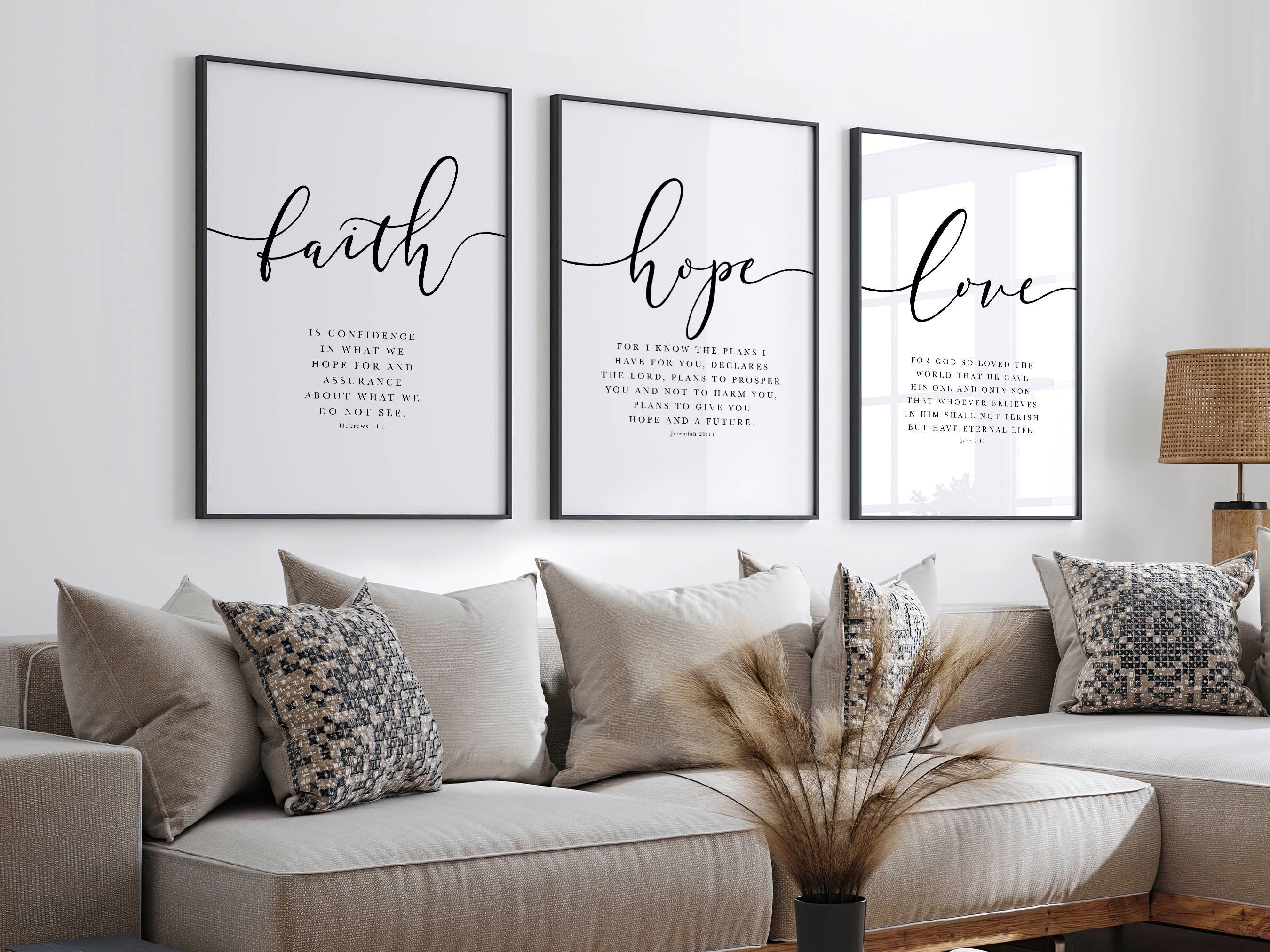 Faith Hope Love Bible Verse Wall Art Set of 3 Prints, Scripture Quote Hebrews 11, Jeremiah 29, John 3 16, Living Room Christian Decor